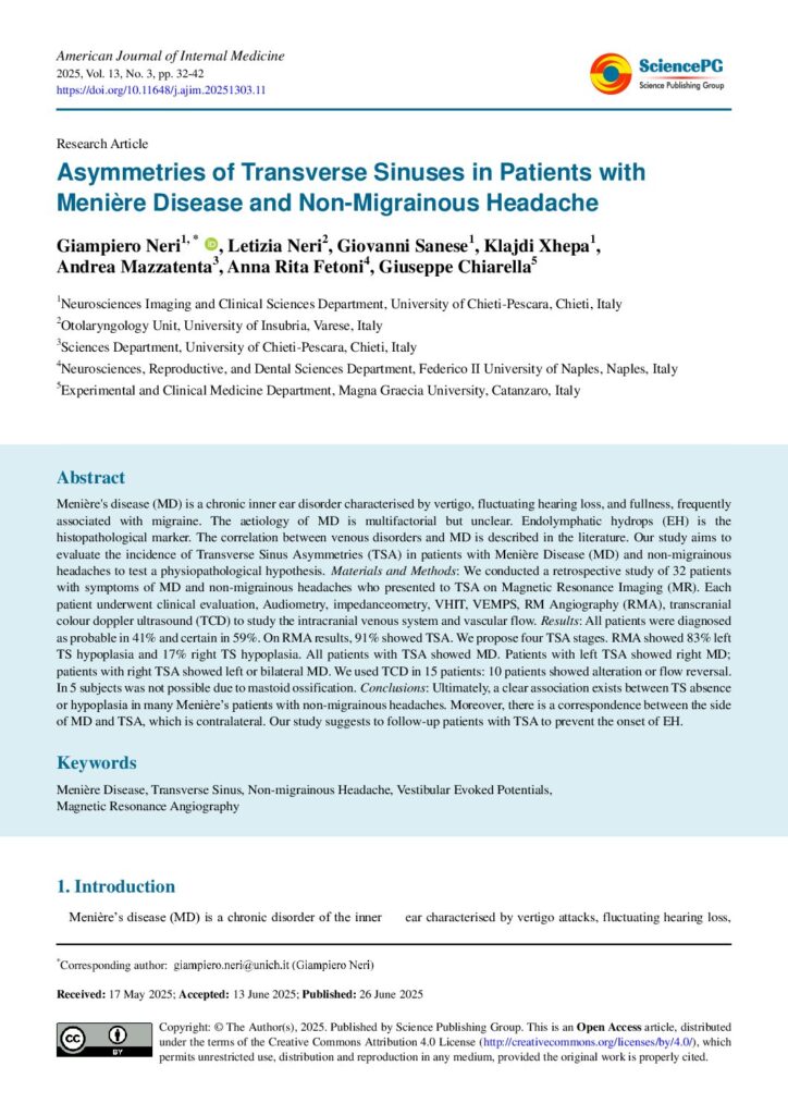 Anteprima del documento: Asymmetries of Transverse Sinuses in Patients with Menière Disease and Non-Migrainous Headache