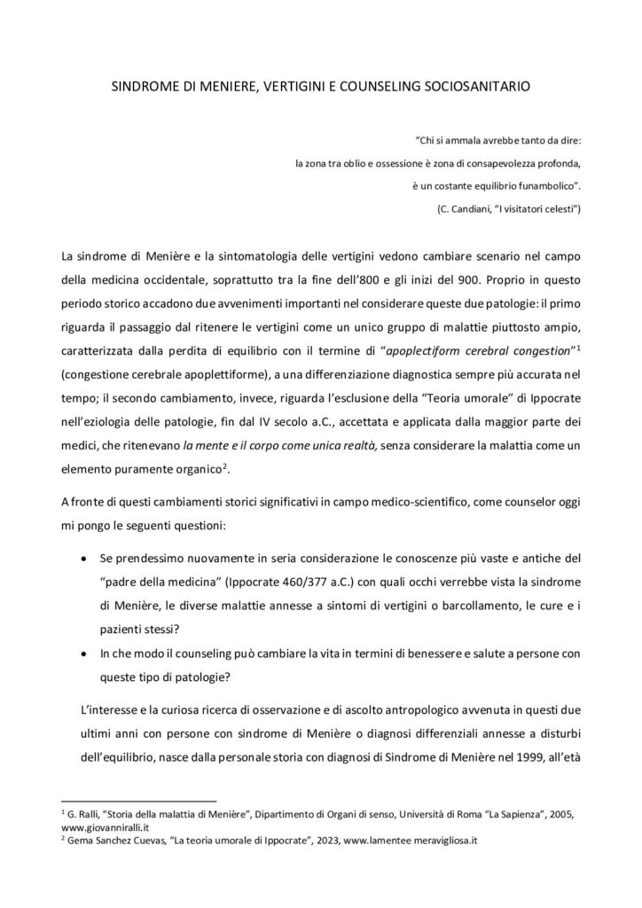 Anteprima del documento: Menière, vertigini, e counseling sociosanitario